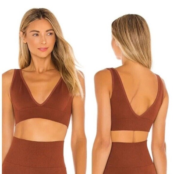 WeWoreWhat V Neck Seamless Bra Top SZ MediumBrown Brunette Ribbed Loungewear BRA - Picture 1 of 5
